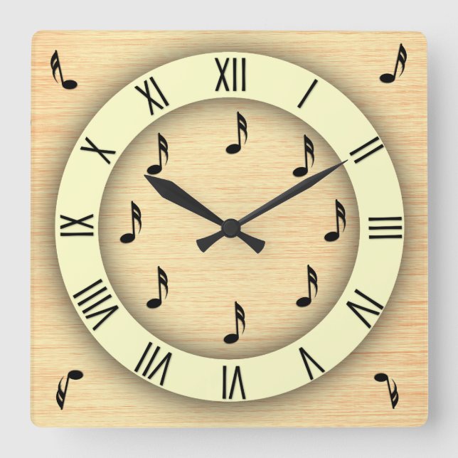 Music Notes with Roman Numerals Square Wall Clock (Front)