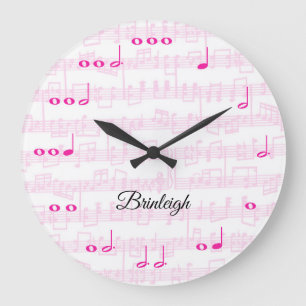 Music Notes with Sheet Music Pink Large Clock