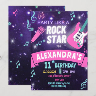 Music Party Like A Rock Star Girl Birthday Invitation