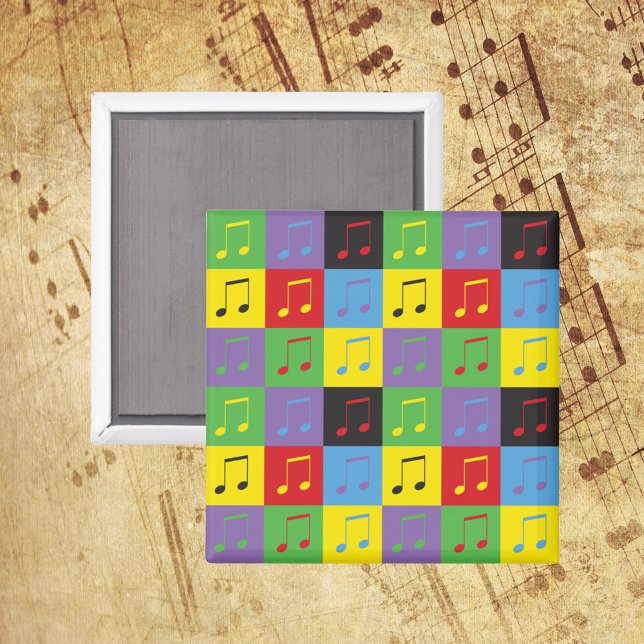 Music Pattern 8th Notes Rainbow Magnet (A magnet with a music note pattern done in yellow, green, blue, purple, red and black)