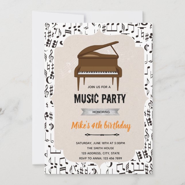 Music piano birthday party theme invitation (Front)