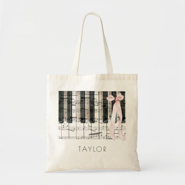 music piano pink ribbon name tote bag (Front)