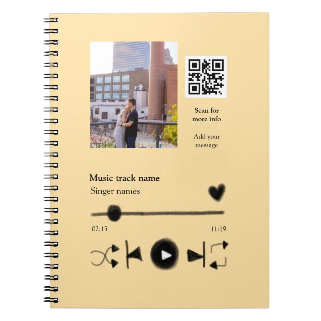 Music player personalised couple love q r code tex notebook (Front)