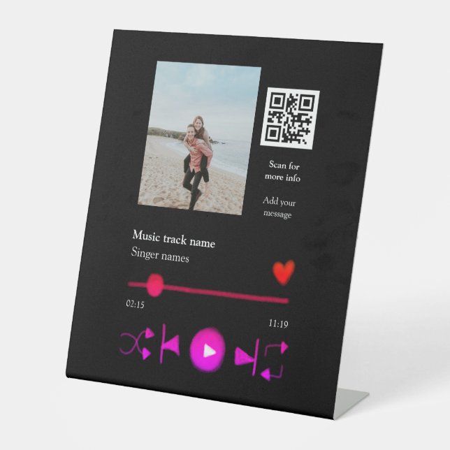 Music player personalised couple love q r code tex pedestal sign (Front)