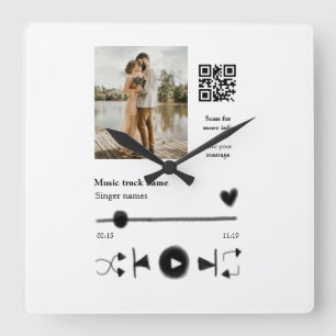 Music player personalized couple love q r code tex square wall clock