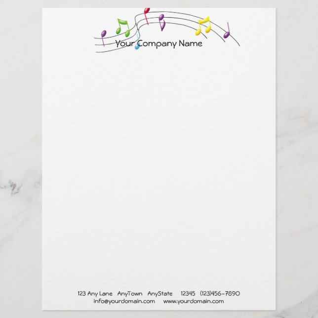 Music Rainbow Staff on White Background Customized Letterhead (Front)