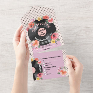 Music Record Wedding Floral 1950s Flowers All In One Invitation