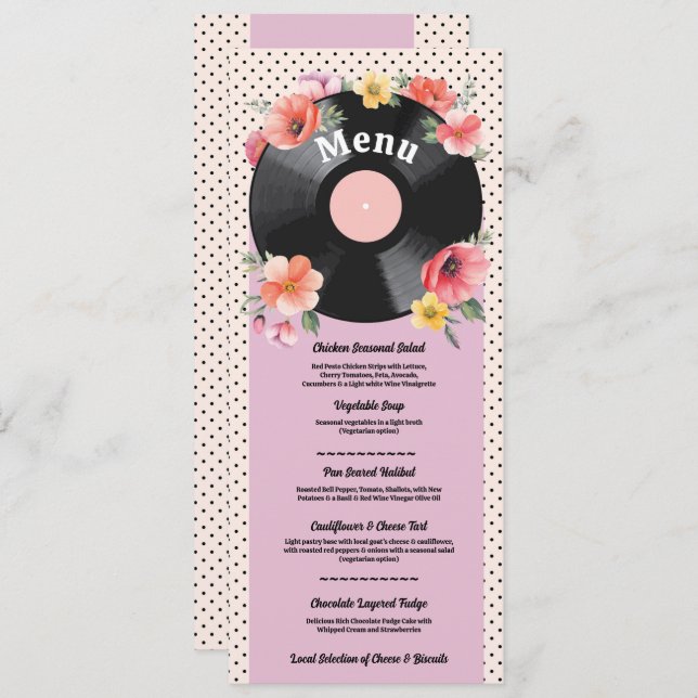 Music Record Wedding Floral 1950s Menu (Front/Back)