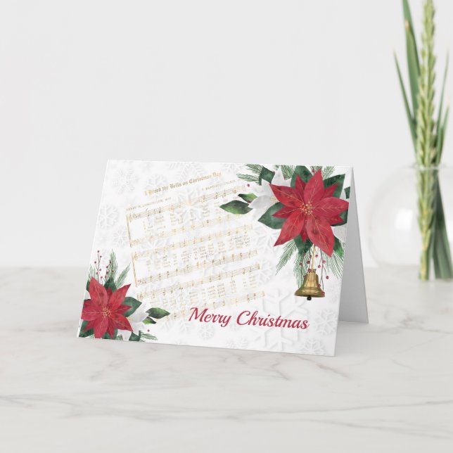 Music Red Poinsettia Bells Song Christmas Holiday Card (Front)