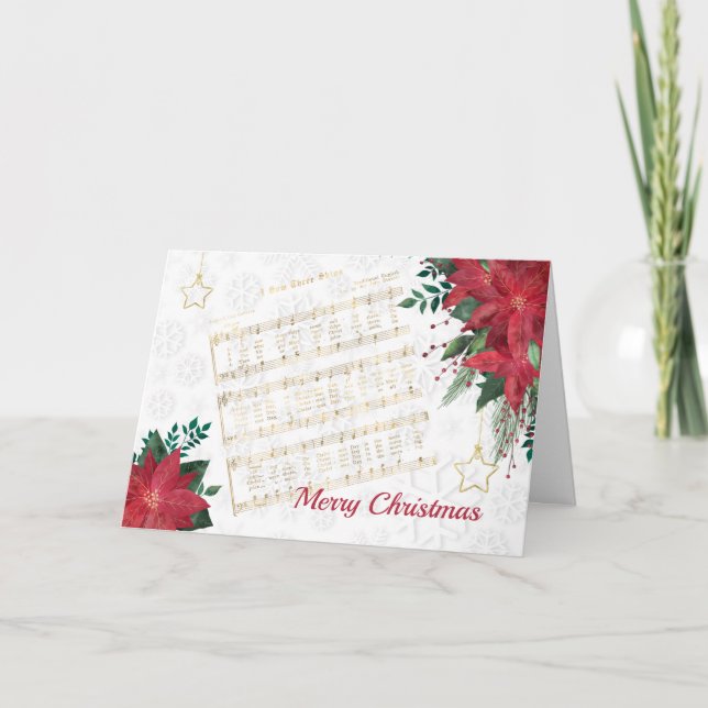 Music Red Poinsettia Star Song Christmas Holiday Card (Front)