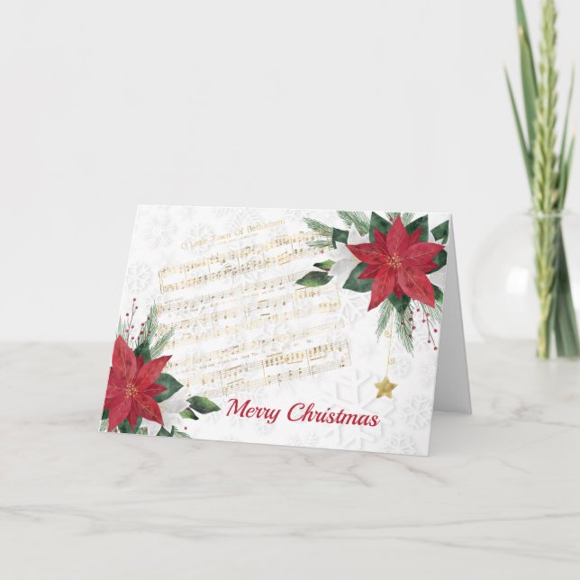Music Red White Poinsettia Star Christmas Holiday Card (Front)