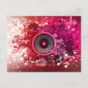 Music speaker and paint splatters postcard
