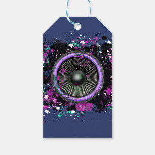 Music speaker and splattered paint gift tags