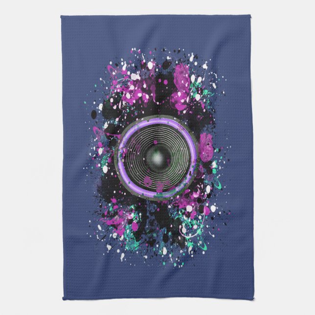 Music speaker and splattered paint tea towel (Vertical)