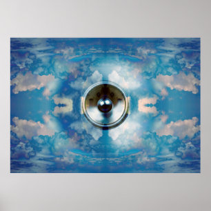 Music speaker in a cloudy blue sky poster