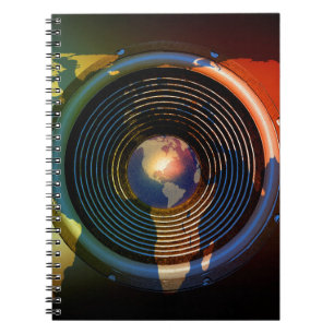 Music speaker on a world map spiral notebook