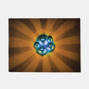 Music speakers and orange sunburst doormat