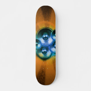 Music speakers and orange sunburst skateboard