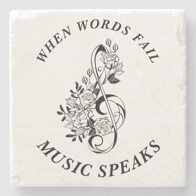 Music Speaks Black and White Treble Clef Stone Coaster (Front)