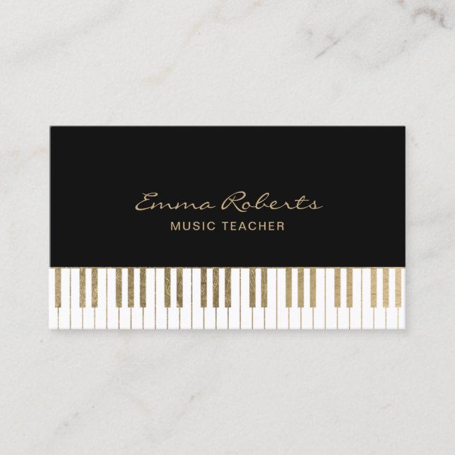 Music Teacher Black Gold Piano Keys Musical Business Card (Front)