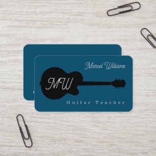 Music Teacher blue Business Card with blk. Guitar