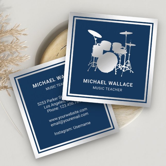 Music Teacher Blue Silver Foil Drum Kit Drummer Square Business Card (Creator Uploaded)