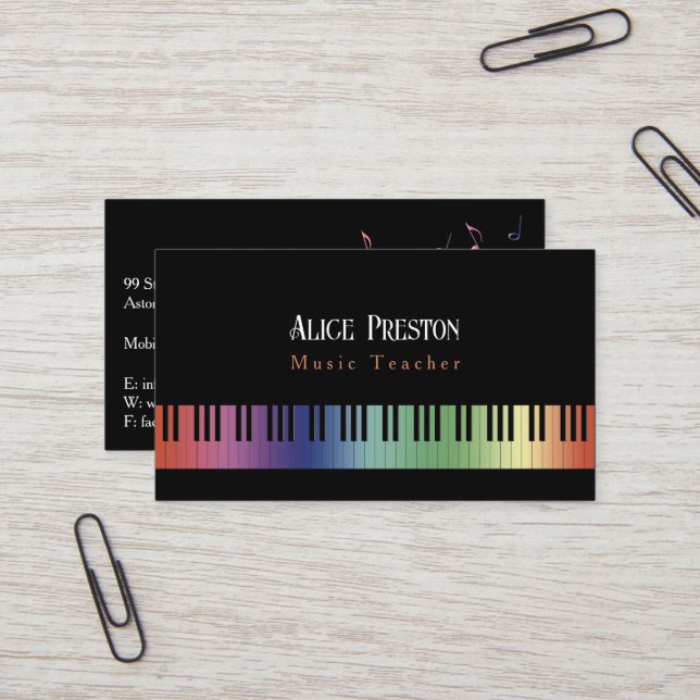 Music Teacher | Colourful Piano Keys Business Card (Front/Back In Situ)