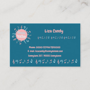 Music teacher elegant notes blue background business card