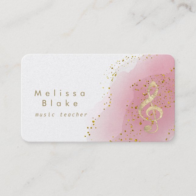 music teacher faux gold foil treble on hot pink business card (Front)