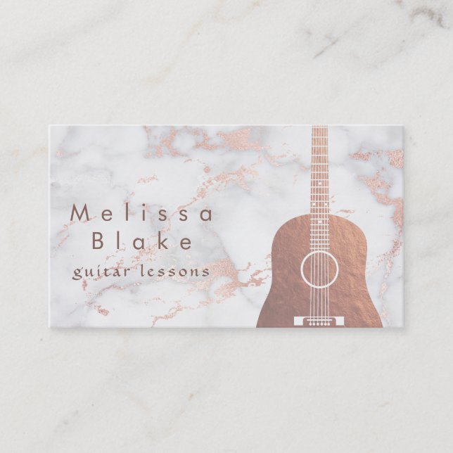 music teacher faux rose gold guitar on marble business card (Front)