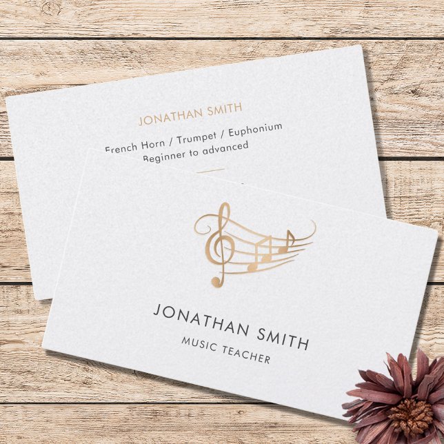 Music Teacher Gold Treble Clef Modern White Business Card (Creator Uploaded)
