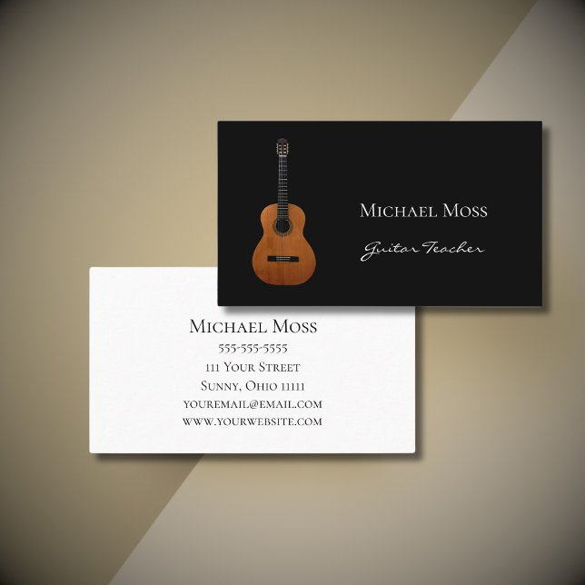 Music Teacher Guitar Lessons Black White Business Card (Creator Uploaded)