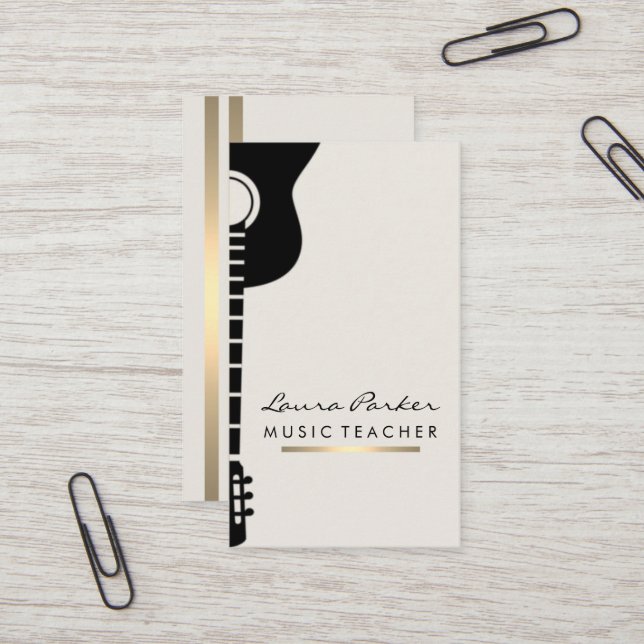 Music Teacher Guitar Player instrument Gold Business Card (Front/Back In Situ)