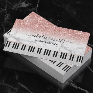 Music Teacher Marble Rose Gold Glitter Piano Keys Business Card