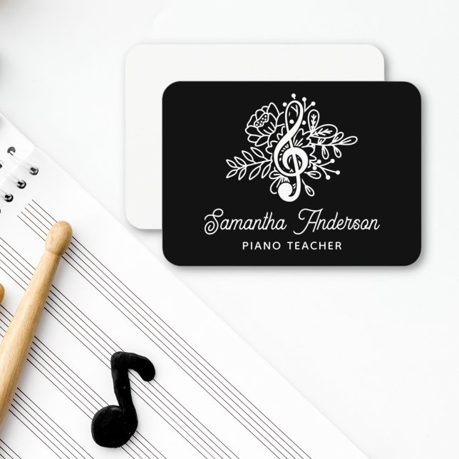 Music Teacher Modern Black Floral Treble Clef Business Card (Creator Uploaded)
