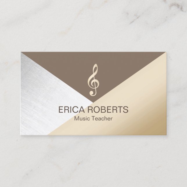 Music Teacher Modern Gold Brown Silver Musical Business Card (Front)