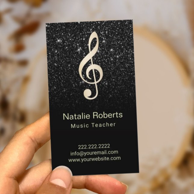 Music Teacher Musical Clef Logo Black Glitter Business Card (Creator Uploaded)
