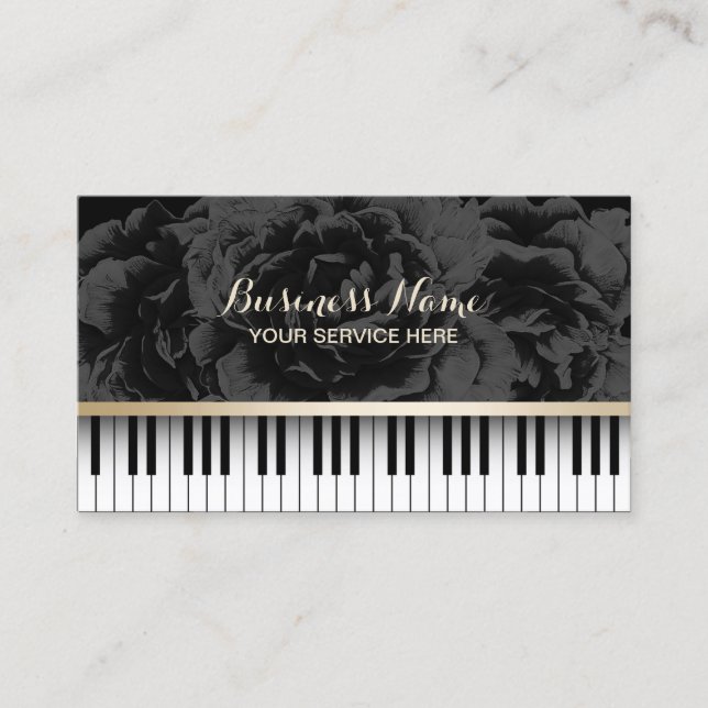 Music Teacher Piano Keys Elegant Dark Floral Business Card (Front)