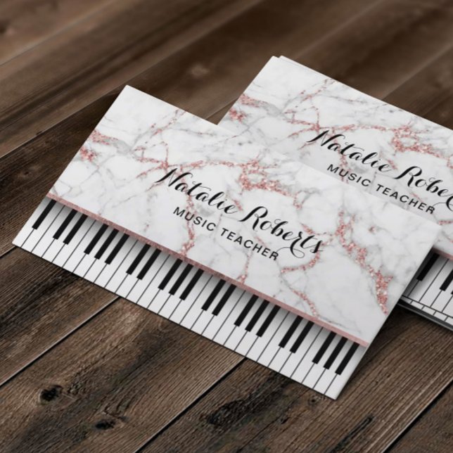 Music Teacher Piano Keys Modern Rose Gold Marble Business Card (Creator Uploaded)