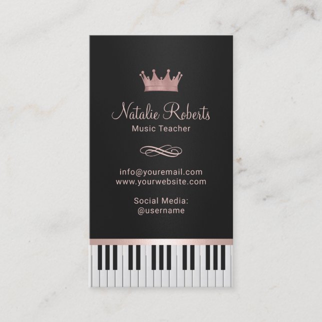 Music Teacher Piano Keys Rose Gold Crown Business Card (Front)