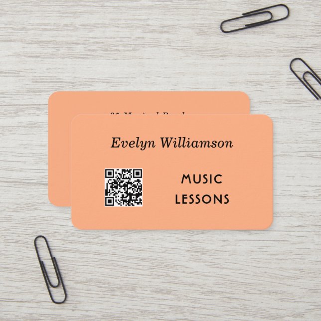 Music Teacher QR Code Stylish Peach Business Card (Front/Back In Situ)