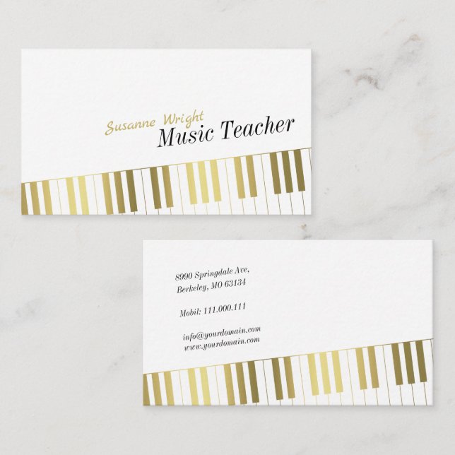 Music Teacher | Stylish Golden Piano Keys Business Card (Front/Back)