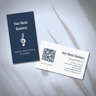 Music Teacher Treble Clef QR code Navy Blue  Business Card