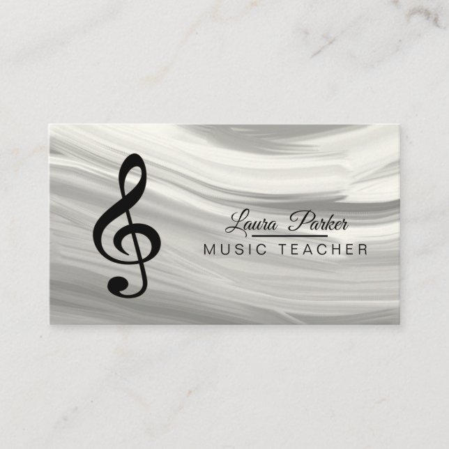 Music Teacher Treble Note Silver Sound Waves Business Card (Front)