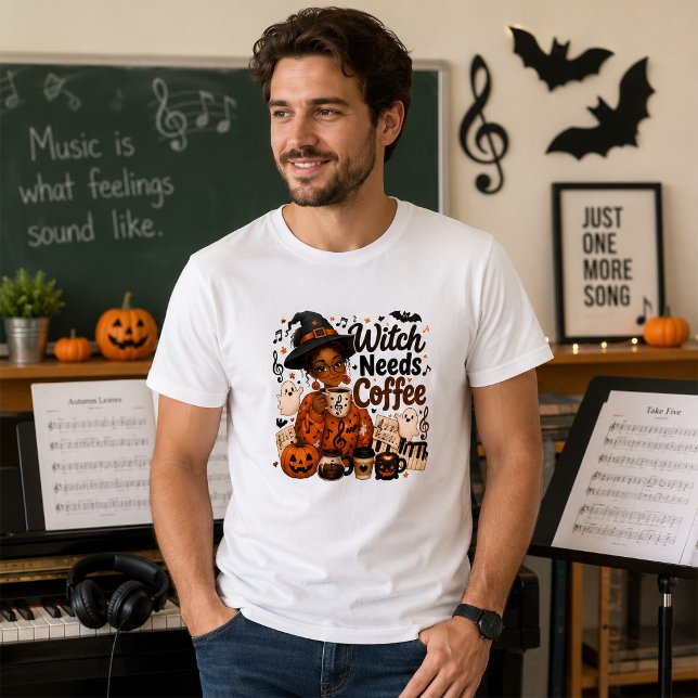Music Teacher Witch Needs Coffee Funny Halloween T-Shirt (Creator Uploaded)
