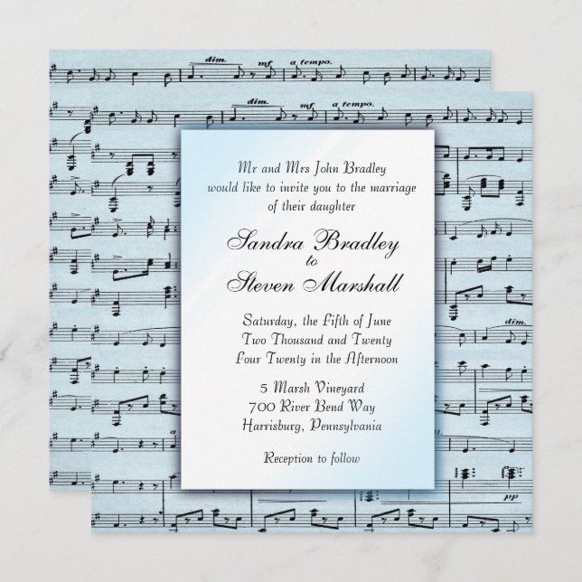 Music Theme Wedding Blue Sheet Music Invitation (Front/Back)
