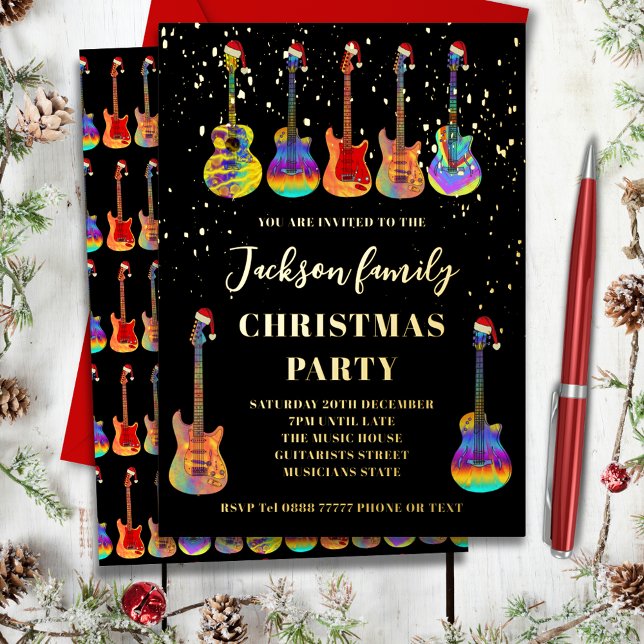 Music Themed Guitar Christmas Party Black and Gold (Music themed christmas party black and gold foil invitation cool colorful guitars wearing santa hats)