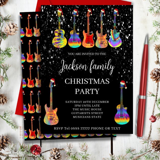 Music Themed Guitar Christmas Party Invitation (Music themed family christmas party invitation cool colorful rock and roll guitars Santa hats & snow)