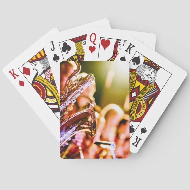 Music Themed, Shiny Brass Saxophone Player With Ba Playing Cards (Back)