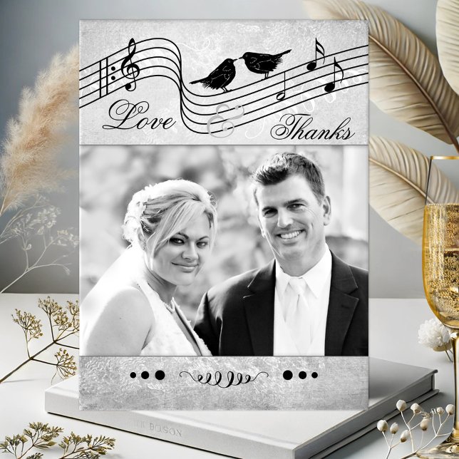 Music Themed Wedding Photo Thank You Postcard (Wedding Thank You postcard featuring your photo framed by a music themed design with love birds)